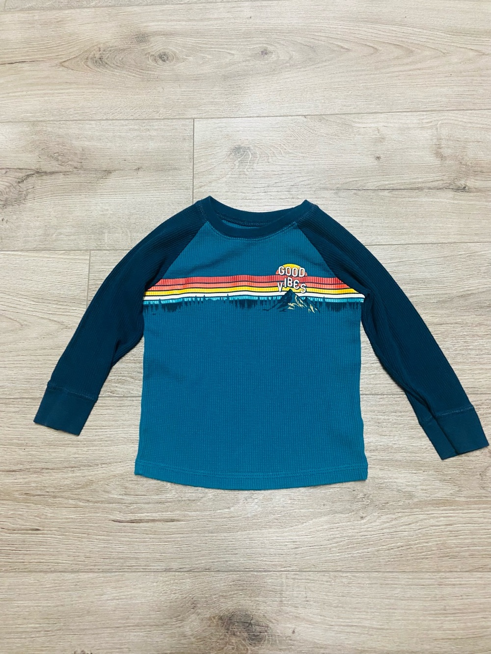 Garanimals 'Good Vibes' Waffle Long Sleeve Tee - Teal & Navy